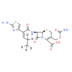 ChemSpider 2D Image | (6R,7R)-7-{[(2Z)-2-(2-Amino-1,3-thiazol-4-yl)(4,4,5,5,5-~2~H_5_)-2-pentenoyl]amino}-3-[(carbamoyloxy)methyl]-8-oxo-5-thia-1-azabicyclo[4.2.0]oct-2-ene-2-carboxylic acid | C17H14D5N5O6S2