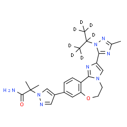 ChemSpider 2D Image | 2-Methyl-2-[4-(2-{3-methyl-1-[(~2~H_7_)-2-propanyl]-1H-1,2,4-triazol-5-yl}-5,6-dihydroimidazo[1,2-d][1,4]benzoxazepin-9-yl)-1H-pyrazol-1-yl]propanamide | C24H21D7N8O2