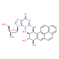 ChemSpider 2D Image | 9-(2-Deoxy-beta-D-threo-pentofuranosyl)-2-{[(7R,8S,9S,10S)-7,8,9-trihydroxy-7,8,9,10-tetrahydrobenzo[pqr]tetraphen-10-yl]amino}-3,9-dihydro-6H-purin-6-one | C30H27N5O7