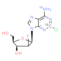 ChemSpider 2D Image | 2-Chloro-9-[(2xi)-2-deoxy-2-fluoro-beta-D-threo-pentofuranosyl](2-~13~C,1,3-~15~N_2_)-9H-purin-6-(~15~N)amine | C913CH11ClFN215N3O3