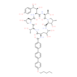 ChemSpider 2D Image | N-{(2R,6S,9R,11R,12R,14aS,15S,16S,20S,23S,25aS)-23-[(1S,2S)-1,2-Dihydroxy-2-(4-hydroxyphenyl)ethyl]-2,11,12,15-tetrahydroxy-20-[(1R)-1-hydroxyethyl]-6-[(1S)-1-hydroxyethyl]-16-methyl-5,8,14,19,22,25-h
exaoxotetracosahydro-1H-dipyrrolo[2,1-c:2',1'-l][1,4,7,10,13,16]hexaazacyclohenicosin-9-yl}-4''-(pentyloxy)-1,1':4',1''-terphenyl-4-carboxamide | C58H73N7O17