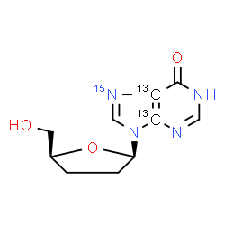 ChemSpider 2D Image | 9-[(2R,5S)-5-(Hydroxymethyl)tetrahydro-2-furanyl](4,5-~13~C_2_,7-~15~N)-1,9-dihydro-6H-purin-6-one | C813C2H12N315NO3
