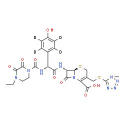 ChemSpider 2D Image | (6R,7S)-7-({(2R)-2-{[(4-Ethyl-2,3-dioxo-1-piperazinyl)carbonyl]amino}-2-[4-hydroxy(~2~H_4_)phenyl]acetyl}amino)-3-{[(1-methyl-1H-tetrazol-5-yl)sulfanyl]methyl}-8-oxo-5-thia-1-azabicyclo[4.2.0]oct-2-en
e-2-carboxylic acid | C25H23D4N9O8S2
