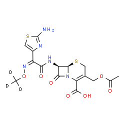 ChemSpider 2D Image | (6R,7R)-3-(Acetoxymethyl)-7-{[(2Z)-2-(2-amino-1,3-thiazol-4-yl)-2-{[(~2~H_3_)methyloxy]imino}acetyl]amino}-8-oxo-5-thia-1-azabicyclo[4.2.0]oct-2-ene-2-carboxylic acid | C16H14D3N5O7S2