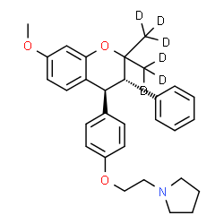 ChemSpider 2D Image | 1-[2-(4-{(3S,4S)-7-Methoxy-2,2-bis[(~2~H_3_)methyl]-3-phenyl-3,4-dihydro-2H-chromen-4-yl}phenoxy)ethyl]pyrrolidine | C30H29D6NO3