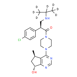 ChemSpider 2D Image | (2S)-2-(4-Chlorophenyl)-1-{4-[(5R,7R)-7-hydroxy-5-methyl-6,7-dihydro-5H-cyclopenta[d]pyrimidin-4-yl]-1-piperazinyl}-3-[(~2~H_7_)-2-propanylamino]-1-propanone | C24H25D7ClN5O2