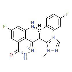 ChemSpider 2D Image | 5-Fluoro-8-(4-fluorophenyl)-9-(1-methyl-1H-1,2,4-triazol-5-yl)(8-~13~C,1,2-~15~N_2_)-2,7,8,9-tetrahydro-3H-pyrido[4,3,2-de]phthalazin-3-one | C1813CH14F2N415N2O