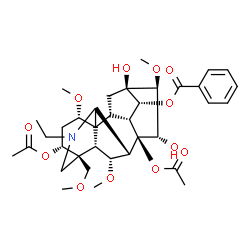 ChemSpider 2D Image | (1alpha,3alpha,6alpha,7beta,11beta,14alpha,15alpha,16beta)-3,8-Diacetoxy-20-ethyl-13,15-dihydroxy-1,6,16-trimethoxy-4-(methoxymethyl)aconitan-14-yl benzoate | C36H49NO12