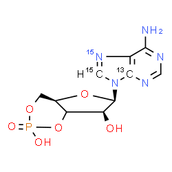ChemSpider 2D Image | (4aR,6R,7S)-6-[6-Amino(4-~13~C,8-~15~C,7-~15~N)-9H-purin-9-yl]tetrahydro-4H-furo[3,2-d][1,3,2]dioxaphosphinine-2,7-diol 2-oxide | C813C15CH12N415NO6P