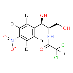 ChemSpider 2D Image | 2,2-dichloro-2-deuterio-N-[(1R,2R)-2-hydroxy-1-(hydroxymethyl)-2-(2,3,5,6-tetradeuterio-4-nitro-phenyl)ethyl]acetamide | C11H7D5Cl2N2O5