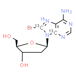 ChemSpider 2D Image | 8-Bromo-9-[(3xi)-2-deoxy-beta-D-glycero-pentofuranosyl](4,8-~13~C_2_,7-~15~N)-9H-purin-6-amine | C813C2H12BrN415NO3