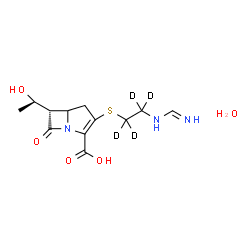 ChemSpider 2D Image | (6S)-6-[(1R)-1-Hydroxyethyl]-3-({2-[(iminomethyl)amino](~2~H_4_)ethyl}sulfanyl)-7-oxo-1-azabicyclo[3.2.0]hept-2-ene-2-carboxylic acid hydrate (1:1) | C12H15D4N3O5S