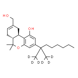 ChemSpider 2D Image | (6aR,10aR)-9-(Hydroxymethyl)-6,6-dimethyl-3-[2-(~2~H_3_)methyl(1,1,1-~2~H_3_)-2-octanyl]-6a,7,10,10a-tetrahydro-6H-benzo[c]chromen-1-ol | C25H32D6O3