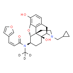 ChemSpider 2D Image | (2Z)-N-[(5alpha,6beta)-17-(Cyclopropylmethyl)-3,14-dihydroxy-4,5-epoxymorphinan-6-yl]-3-(3-furyl)-N-(~2~H_3_)methylacrylamide | C28H29D3N2O5