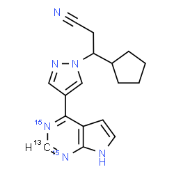 ChemSpider 2D Image | 3-Cyclopentyl-3-{4-[(2-~13~C,1,3-~15~N_2_)-7H-pyrrolo[2,3-d]pyrimidin-4-yl]-1H-pyrazol-1-yl}propanenitrile | C1613CH18N415N2