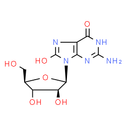ChemSpider 2D Image | 2-Amino-8-hydroxy-9-[(3xi)-beta-D-threo-pentofuranosyl]-1,9-dihydro-6H-purin-6-one | C10H13N5O6