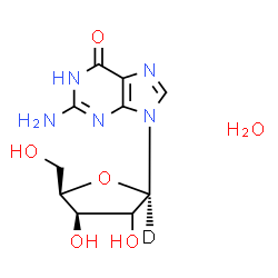 ChemSpider 2D Image | 2-Amino-9-[(2xi)-beta-D-(1-~2~H)-threo-pentofuranosyl]-1,9-dihydro-6H-purin-6-one hydrate (1:1) | C10H14DN5O6