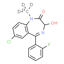 ChemSpider 2D Image | 7-Chloro-5-(2-fluorophenyl)-3-hydroxy-1-(~13~C,~2~H_3_)methyl-1,3-dihydro-2H-1,4-benzodiazepin-2-one | C1513CH9D3ClFN2O2