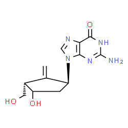 ChemSpider 2D Image | 2-Amino-9-[(1S,3S)-4-hydroxy-3-(hydroxymethyl)-2-methylenecyclopentyl]-1,9-dihydro-6H-purin-6-one | C12H15N5O3