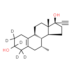 ChemSpider 2D Image | (7alpha,17alpha)-7-Methyl(2,2,3,4,4-~2~H_5_)-19-norpregn-5(10)-en-20-yne-3,17-diol | C21H25D5O2