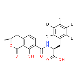 ChemSpider 2D Image | N-{[(3R)-8-Hydroxy-3-methyl-1-oxo-3,4-dihydro-1H-isochromen-7-yl]carbonyl}-L-(2,3,4,5,6-~2~H_5_)phenylalanine | C20H14D5NO6