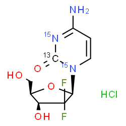 ChemSpider 2D Image | 4-Amino-1-(2-deoxy-2,2-difluoro-beta-D-threo-pentofuranosyl)-2(1H)-(2-~13~C,~15~N_2_)pyrimidinone hydrochloride (1:1) | C813CH12ClF2N15N2O4