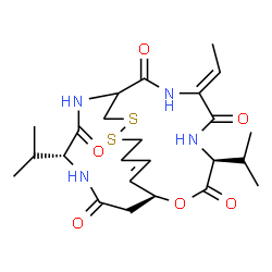 ChemSpider 2D Image | (1S,4S,7Z,21R)-7-Ethylidene-4,21-diisopropyl-2-oxa-12,13-dithia-5,8,20,23-tetraazabicyclo[8.7.6]tricos-16-ene-3,6,9,19,22-pentone | C24H36N4O6S2