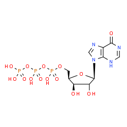 ChemSpider 2D Image | 9-[(2xi)-5-O-(Hydroxy{[hydroxy(phosphonooxy)phosphoryl]oxy}phosphoryl)-beta-D-threo-pentofuranosyl]-3,9-dihydro-6H-purin-6-one | C10H15N4O14P3