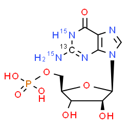 ChemSpider 2D Image | 2-(~15~N)Amino-9-[(3xi)-5-O-phosphono-beta-D-threo-pentofuranosyl](2-~13~C,1-~15~N)-1,9-dihydro-6H-purin-6-one | C913CH14N315N2O8P