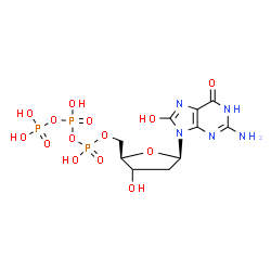 ChemSpider 2D Image | 2-Amino-9-[(3xi)-2-deoxy-5-O-(hydroxy{[hydroxy(phosphonooxy)phosphoryl]oxy}phosphoryl)-beta-D-glycero-pentofuranosyl]-8-hydroxy-1,9-dihydro-6H-purin-6-one | C10H16N5O14P3