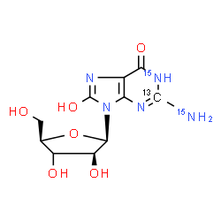 ChemSpider 2D Image | 2-(~15~N)Amino-8-hydroxy-9-[(3xi)-beta-D-threo-pentofuranosyl](2-~13~C,1-~15~N)-1,9-dihydro-6H-purin-6-one | C913CH13N315N2O6