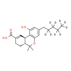 ChemSpider 2D Image | (6aR,10aR)-1-Hydroxy-6,6-dimethyl-3-[(2,2,3,3,4,4,5,5,5-~2~H_9_)pentyl]-6a,7,8,10a-tetrahydro-6H-benzo[c]chromene-9-carboxylic acid | C21H19D9O4