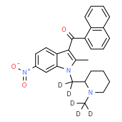 ChemSpider 2D Image | (2-Methyl-1-{[1-(~2~H_3_)methyl-2-piperidinyl](~2~H_2_)methyl}-6-nitro-1H-indol-3-yl)(1-naphthyl)methanone | C27H22D5N3O3
