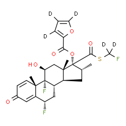 ChemSpider 2D Image | (6alpha,11beta,16alpha,17alpha)-6,9-Difluoro-17-({[fluoro(~2~H_2_)methyl]sulfanyl}carbonyl)-11-hydroxy-16-methyl-3-oxoandrosta-1,4-dien-17-yl 2-(~2~H_3_)furancarboxylate | C27H24D5F3O6S