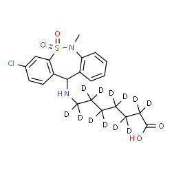 ChemSpider 2D Image | 7-[(3-Chloro-6-methyl-5,5-dioxido-6,11-dihydrodibenzo[c,f][1,2]thiazepin-11-yl)amino](~2~H_12_)heptanoic acid | C21H13D12ClN2O4S