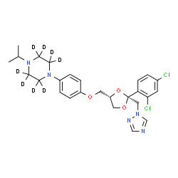 ChemSpider 2D Image | 1-(4-{[(2R,4S)-2-(2,4-Dichlorophenyl)-2-(1H-1,2,4-triazol-1-ylmethyl)-1,3-dioxolan-4-yl]methoxy}phenyl)-4-isopropyl(~2~H_8_)piperazine | C26H23D8Cl2N5O3