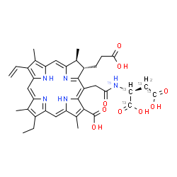 ChemSpider 2D Image | N-{[(2S,3S)-7-Carboxy-3-(2-carboxyethyl)-12-ethyl-2,8,13,18-tetramethyl-17-vinyl-2,3-dihydro-5-porphyrinyl]acetyl}-L-(~13~C_4_,~15~N)aspartic acid | C3413C4H41N415NO9