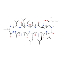 ChemSpider 2D Image | (3S,6S,9S,12R,15S,18S,21S,24R,27R,30S,33S)-25,30-Diethyl-33-[(1R,2R,4E)-1-hydroxy-2-methyl-4-hexen-1-yl]-6,9,18-triisobutyl-3,21,24-triisopropyl-1,4,7,10,12,15,19,27,28-nonamethyl-1,4,7,10,13,16,19,22
,25,28,31-undecaazacyclotritriacontane-2,5,8,11,14,17,20,23,26,29,32-undecone | C63H113N11O12