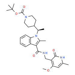 ChemSpider 2D Image | 2-Methyl-2-propanyl 4-[(1R)-1-(3-{[(4-methoxy-6-methyl-2-oxo-1,2-dihydro-3-pyridinyl)methyl]carbamoyl}-2-methyl-1H-indol-1-yl)ethyl]-1-piperidinecarboxylate | C30H40N4O5