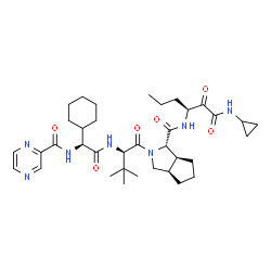 ChemSpider 2D Image | (1S,3aR,6aS)-2-[(2R)-2-({(2S)-2-Cyclohexyl-2-[(2-pyrazinylcarbonyl)amino]acetyl}amino)-3,3-dimethylbutanoyl]-N-[(3S)-1-(cyclopropylamino)-1,2-dioxo-3-hexanyl]octahydrocyclopenta[c]pyrrole-1-carboxamid
e (non-preferred name) | C36H53N7O6