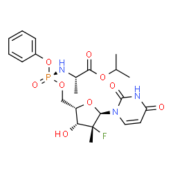 ChemSpider 2D Image | Isopropyl (2S)-2-{[(S)-{[(2S,3R,4R,5R)-5-(2,4-dioxo-3,4-dihydro-1(2H)-pyrimidinyl)-4-fluoro-3-hydroxy-4-methyltetrahydro-2-furanyl]methoxy}(phenoxy)phosphoryl]amino}propanoate (non-preferred name) | C22H29FN3O9P