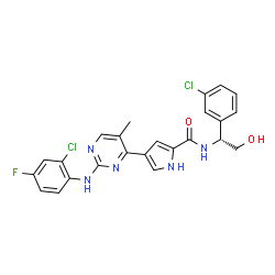 ChemSpider 2D Image | 4-{2-[(2-Chloro-4-fluorophenyl)amino]-5-methyl-4-pyrimidinyl}-N-[(1R)-1-(3-chlorophenyl)-2-hydroxyethyl]-1H-pyrrole-2-carboxamide | C24H20Cl2FN5O2