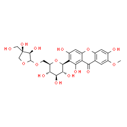 ChemSpider 2D Image | (1S)-1,5-Anhydro-6-O-[(3R,4R)-3,4-dihydroxy-4-(hydroxymethyl)tetrahydro-2-furanyl]-1-(1,3,6-trihydroxy-7-methoxy-9-oxo-9H-xanthen-2-yl)-D-glucitol | C25H28O15