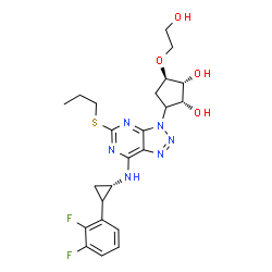 ChemSpider 2D Image | (1R,2R,5R)-3-[7-{[(1S)-2-(2,3-Difluorophenyl)cyclopropyl]amino}-5-(propylsulfanyl)-3H-[1,2,3]triazolo[4,5-d]pyrimidin-3-yl]-5-(2-hydroxyethoxy)-1,2-cyclopentanediol | C23H28F2N6O4S