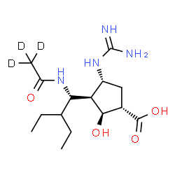 ChemSpider 2D Image | (1S,2S,3R,4R)-4-Carbamimidamido-3-{(1S)-1-[(~2~H_3_)ethanoylamino]-2-ethylbutyl}-2-hydroxycyclopentanecarboxylic acid | C15H25D3N4O4