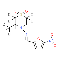 ChemSpider 2D Image | (E)-N-[3-(~2~H_3_)Methyl-1,1-dioxido(2,2,3,6,6-~2~H_5_)-4-thiomorpholinyl]-1-(5-nitro-2-furyl)methanimine | C10H5D8N3O5S