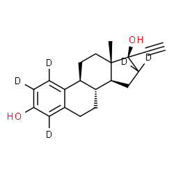 ChemSpider 2D Image | (17alpha)-(1,2,4,16,16-~2~H_5_)-19-Norpregna-1(10),2,4-trien-20-yne-3,17-diol | C20H19D5O2