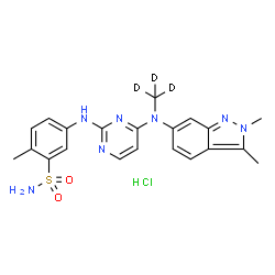 ChemSpider 2D Image | 5-[(4-{(2,3-Dimethyl-2H-indazol-6-yl)[(~2~H_3_)methyl]amino}-2-pyrimidinyl)amino]-2-methylbenzenesulfonamide hydrochloride (1:1) | C21H21D3ClN7O2S