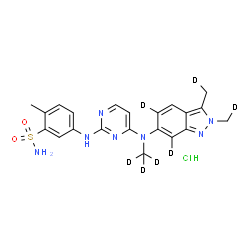 ChemSpider 2D Image | 5-{[4-({2,3-Bis[(~2~H_1_)methyl](5,7-~2~H_2_)-2H-indazol-6-yl}[(~2~H_3_)methyl]amino)-2-pyrimidinyl]amino}-2-methylbenzenesulfonamide hydrochloride (1:1) | C21H17D7ClN7O2S