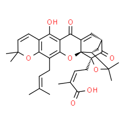 ChemSpider 2D Image | (2Z)-4-[(1R,2R,17R,19S)-12-Hydroxy-8,8,21,21-tetramethyl-5-(3-methyl-2-buten-1-yl)-14,18-dioxo-3,7,20-trioxahexacyclo[15.4.1.0~2,15~.0~2,19~.0~4,13~.0~6,11~]docosa-4(13),5,9,11,15-pentaen-19-yl]-2-met
hyl-2-butenoic acid | C33H36O8